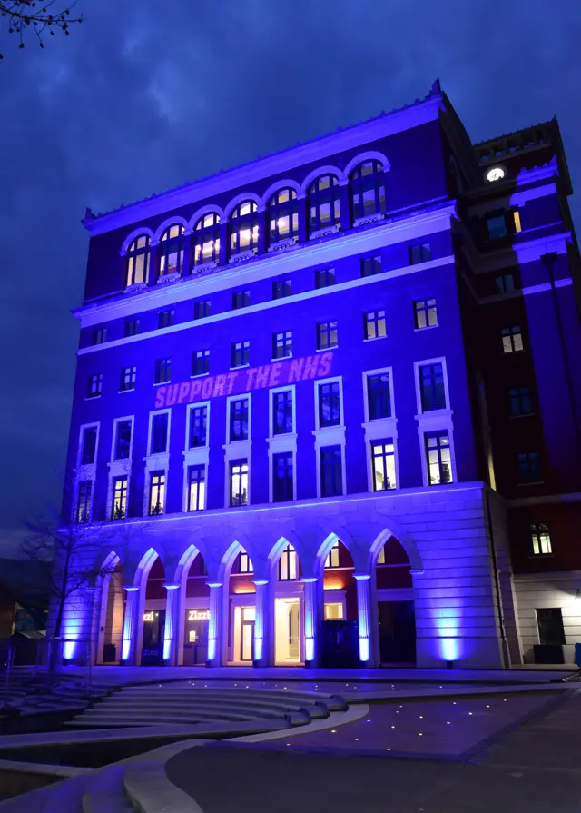 Brindleyplace lit up blue