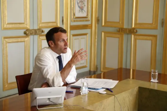 French President Emmanuel Macron attends a videoconference on April 16