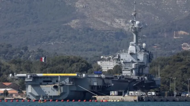 French aircraft carrier Charles de Gaulle at the Naval base in Toulon on 16 April