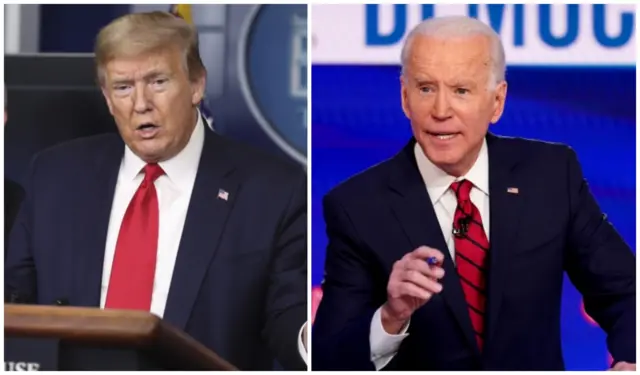 Collage showing Donald Trump at virus briefing and Joe Biden at a debate in March