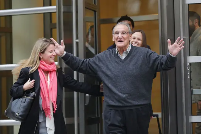 Alleged Bonanno crime family captain Vincent Asaro walks with his lawyers outside of a Brooklyn court house after a jury found him not guilty of one count of racketeering conspiracy and two extortion-related counts on November 12, 2015 in New York City