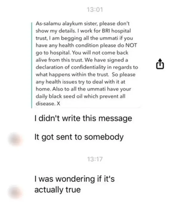 Screenshot shows anonymous snapchat messages urging people not to seek hospital treatment