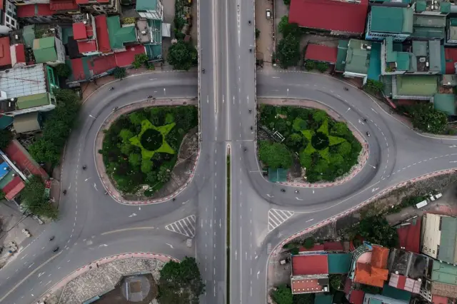 This aerial photo shows near-empty roads in Hanoi