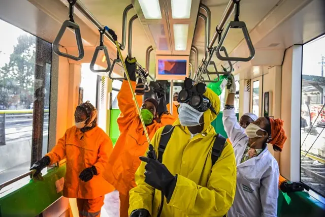 Cleaning staff disinfect a metro carriage as a preventive measure against the spreading of the COVID-19 coronavirus in Addis Ababa, Ethiopia