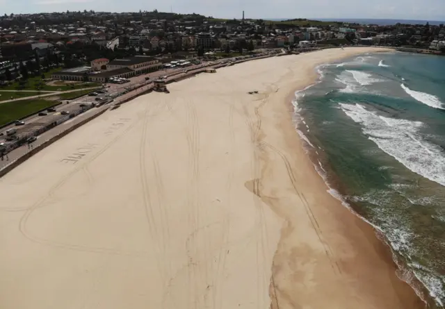 An aerial view of an empty Bondi Beach on April 02, 2020 in Sydney