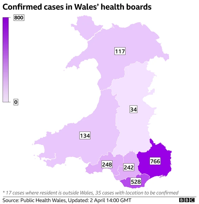 map of Wales showing case numbers by region