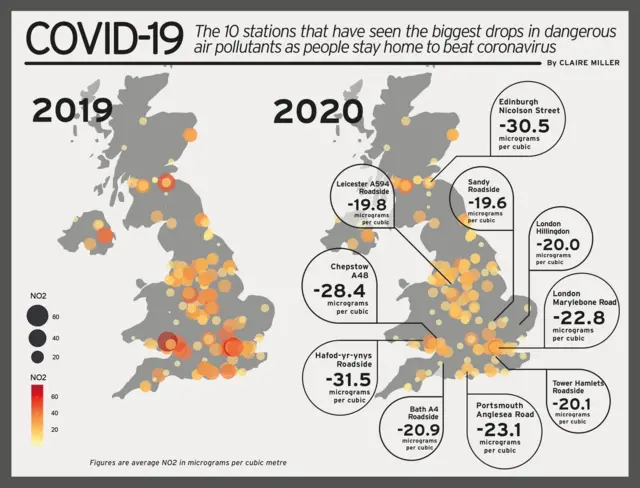 A map showing how air pollution changed at various sites before and during coronavirus