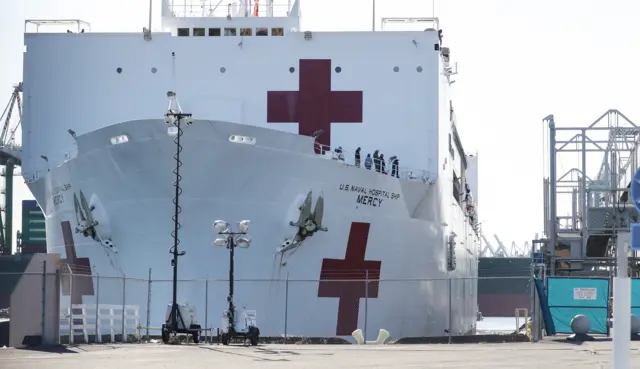 The USNS Mercy Navy hospital ship moored in the Port of Los Angeles