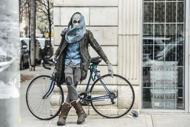 A person wears a DIY mask in the Bushwick neighborhood on April 2, 2020 in New York City