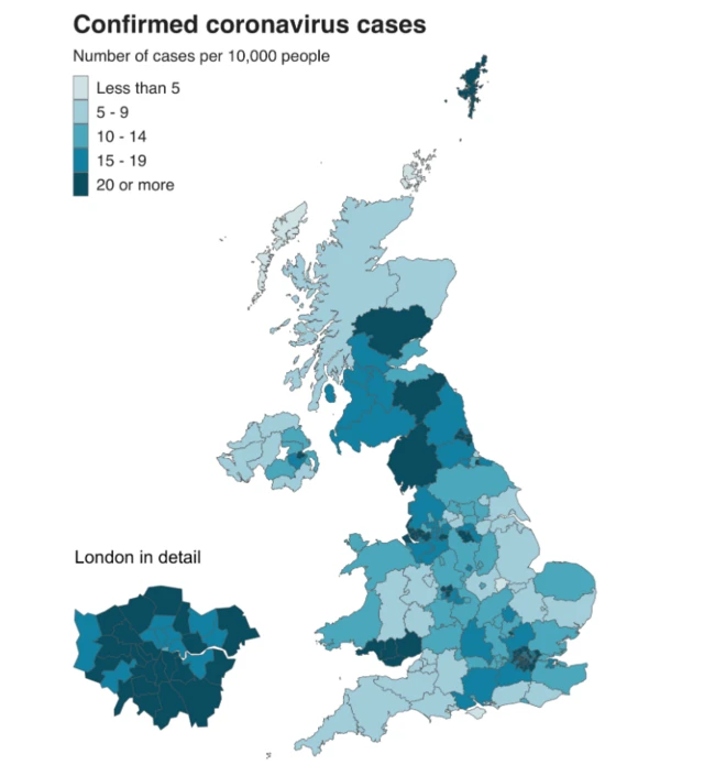 Map of UK showing density of cases by county