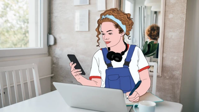 Animation showing a woman IRL setting sat at a desk