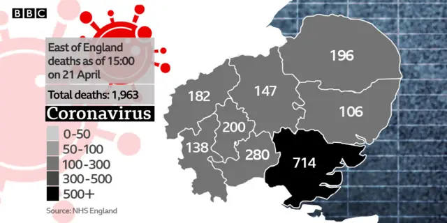 Map showing Covid-19 deaths in East of England