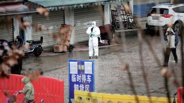 A Chinese official in a hazmat suit outside Wuhan Seafood Market