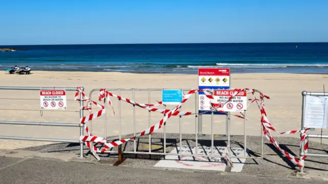 Fences and tape cordon off Bondi Beach