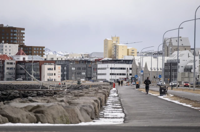 Saebraut road by the north shoreline in Reykjavik on April 3, 2020