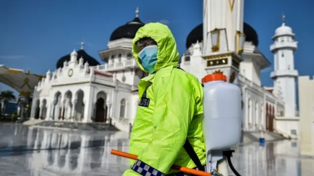 Worker disinfecting a mosque