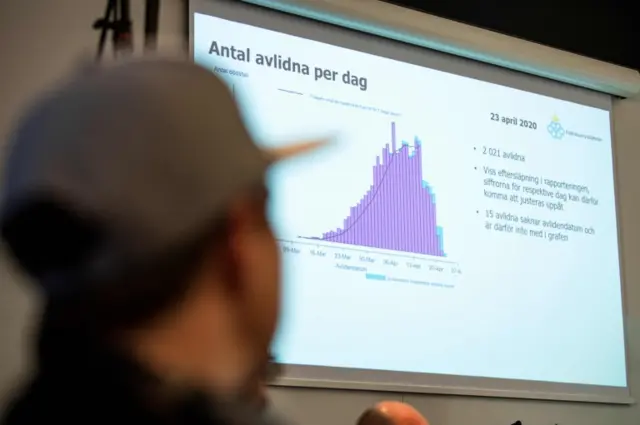 A journalist looks on a screen as the Public Health Agency of Sweden releases the new total number of deaths