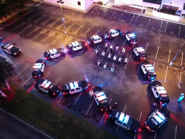 The Fort Myers Police Department makes heart out of police cars to thank health workers at Lee Memorial Hospital, in Fort Myers, US, on 16 April 2020 in this picture obtained from social media (available on Reuters on 21 April 2020)