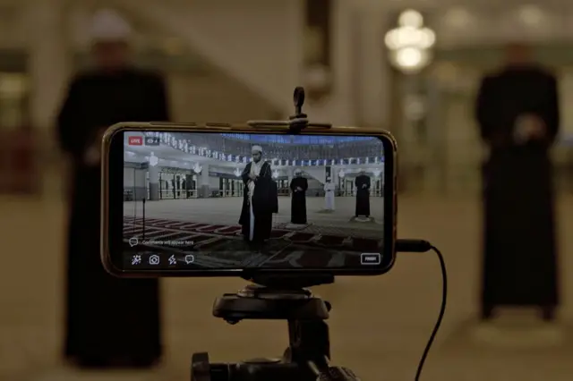 An imam leads a special prayer streamed live on social media during the eve of Ramadhan on April 23, 2020 in Kuala Lumpur, Malaysia.