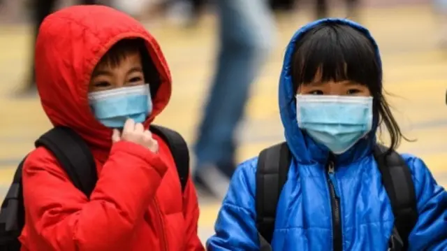 Asian children wearing face masks