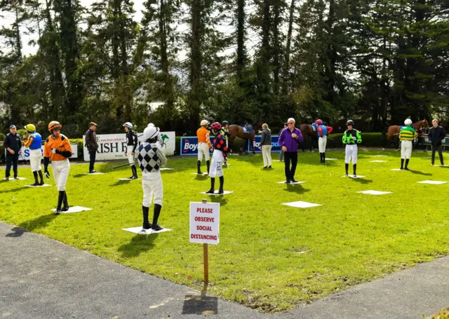 Jockeys at an Irish meeting held behind closed doors last month