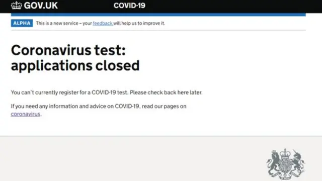 Coronavirus test website page saying applications closed