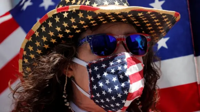 Woman wearing stars-and-stripes face mask