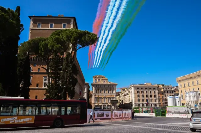 The Italian Air Force aerobatic unit perform in Rome