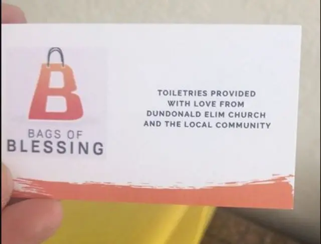 Dundonald Elim label for donated toiletries