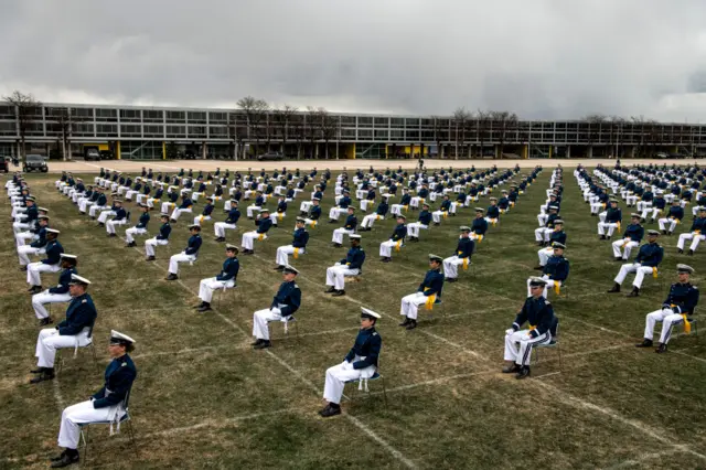 Air Force graduates sat over 6ft apart from each other at last week's graduation ceremony,