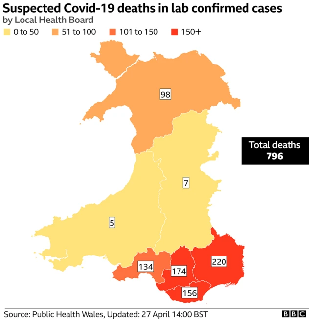 A map showing where Wales' Covid-19 deaths have been located