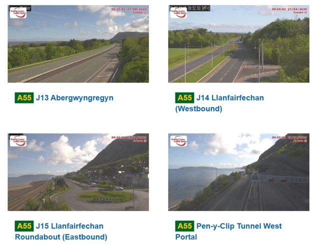 Four pictures from A55 traffic cameras in north Wales