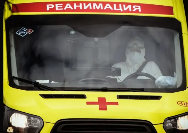 A Russian ambulance driving outside Moscow