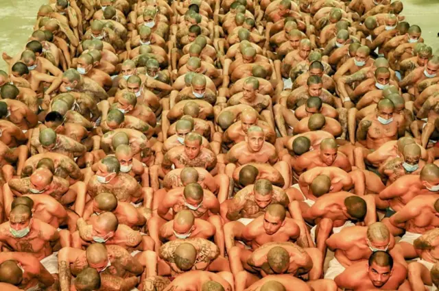 Inmates during an inspection at the Maximum Security Jail in Zacatecoluca, El Salvador, 25 April 2020