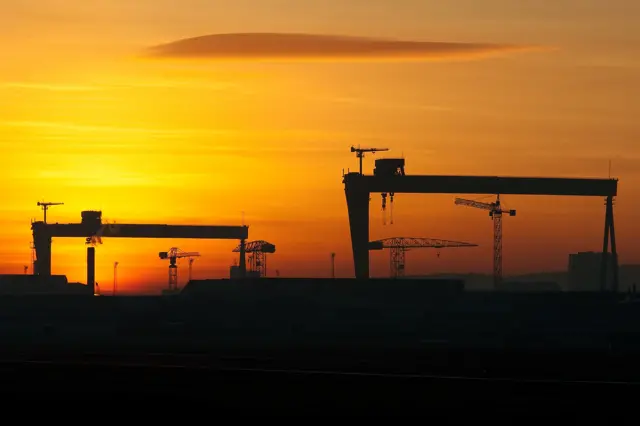 Sunset over Belfast shipyard