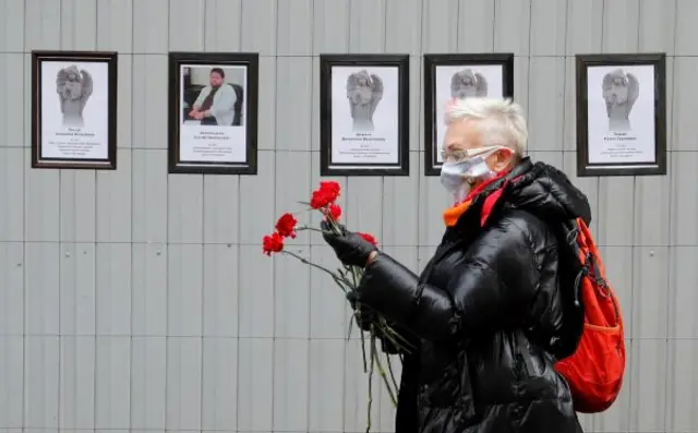 A makeshift memorial in St Petersburg for medics who died from Covid-19, 28 Apr 20