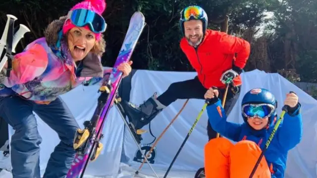 The Cambourne family on their make-shift ski slope