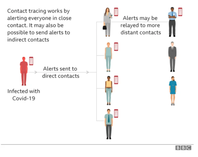 Contact tracing works by alerting everyone in direct contact. It may also be possible to send to indirect contacts.