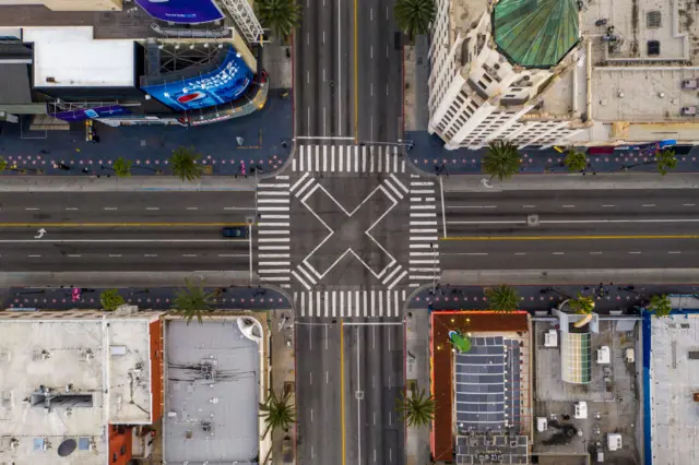 An aerial view shows the Hollywood and Highland area, in the Hollywood section of Los Angeles, California.