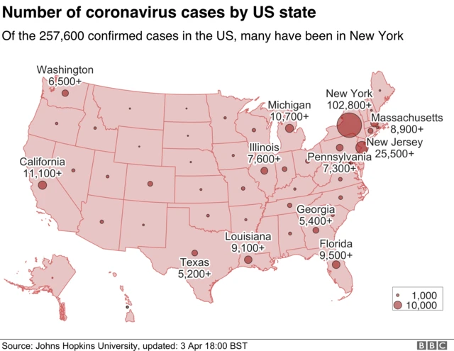 Number of coronavirus cases by US states