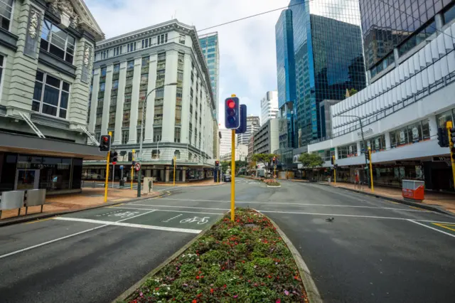 A view of empty Lambton Quay, main shopping precinct, during the lockdown due to coronavirus pandemic in Wellington