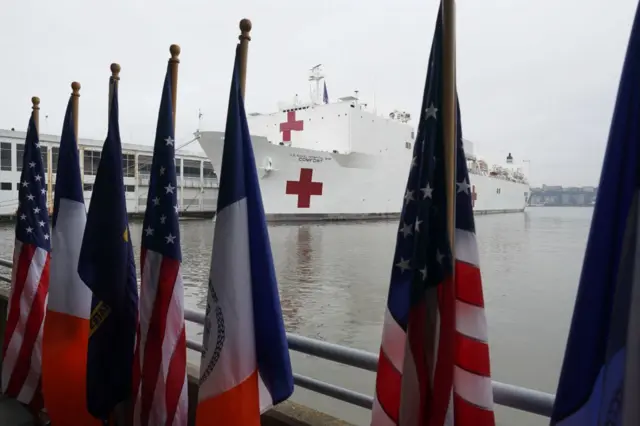 The USNS Comfort hospital ship is docked at Pier 90