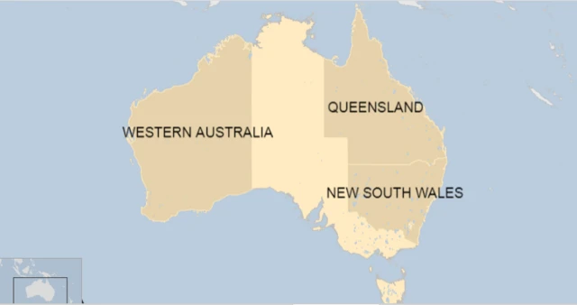 Map of Australian states with Western Australia, Queensland and New South Wales highlighted