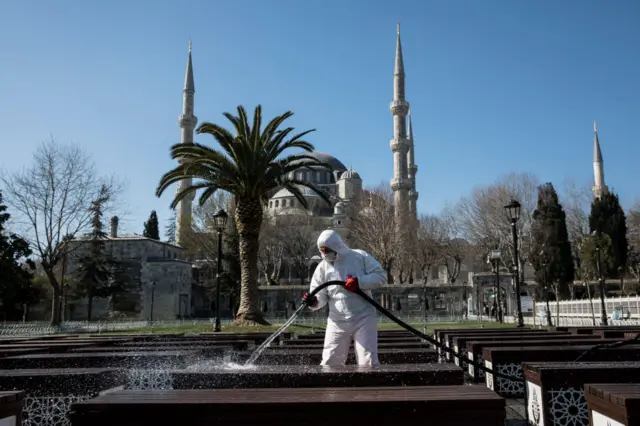 Istanbul's Sultanahmet square and Hagia Sophia are sprayed with disinfectant