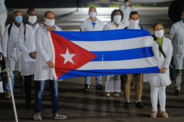 An SAA flight with a Cuban Health Brigade consisting of 217 Cuban health proffesionals arrives at Waterkloof Airforce Base on April 27, 2020 in Pretoria, South Africa.