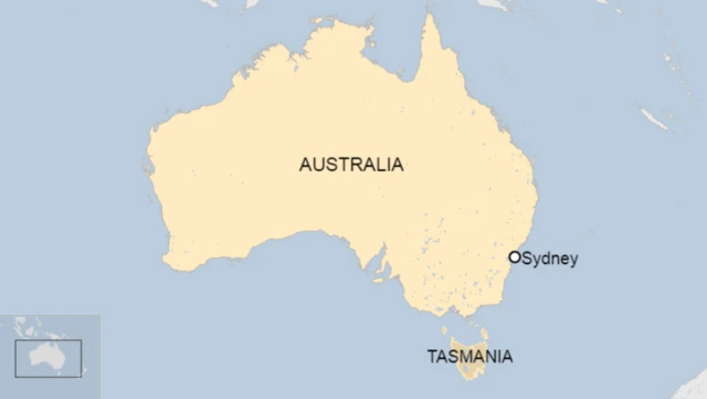 Map of Australia with Tasmania and Sydney marked