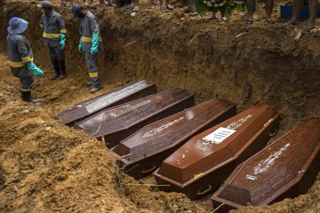 Gravediggers work in a collective burial in the Nossa Senhora Aparecida cemetery, in the city of Manaus, Amazonas state, Brazil, 28 April 2020.