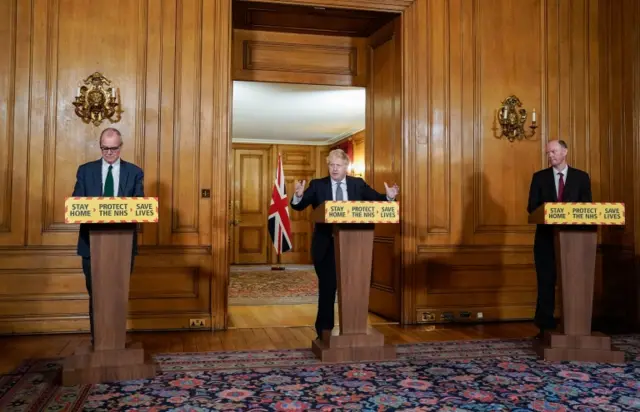 Chief Medical Officer Chris Whitty (R) pictured with Chief Scientific Adviser Sir Patrick Vallance and Boris Johnson