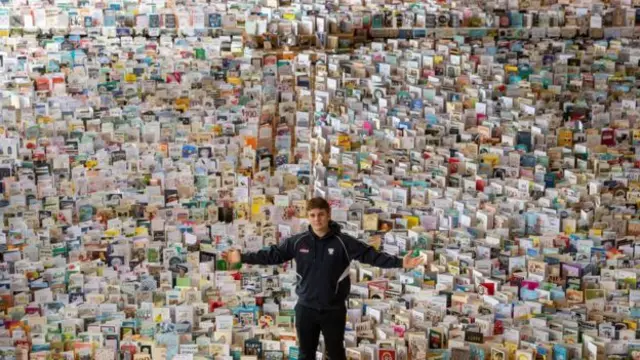 Benjie Ingram-Moore with his grandfather's birthday cards