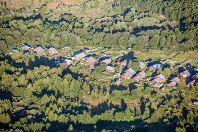 An aerial view of country houses in a forest in Russia